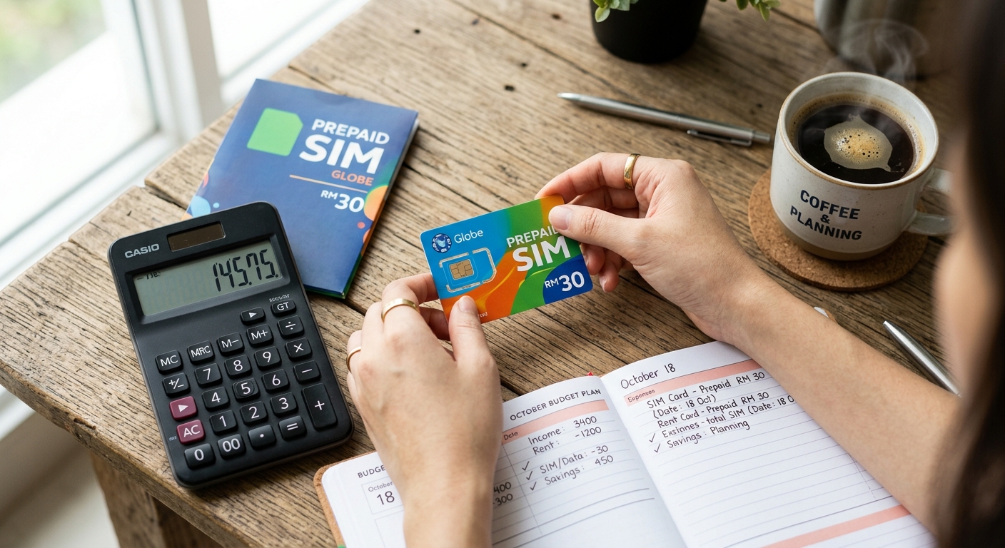 ידיים מחזיקות כרטיס סים פריפייד (Prepaid) מעל שולחן עץ עם מחשבון, מחברת לניהול תקציב וכוס קפה