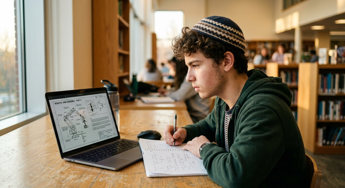 סטודנט צעיר חובש כיפה סרוגה לומד בספרייה, מסתכל על שרטוט הנדסי במחשב נייד ורושם הערות במחברת