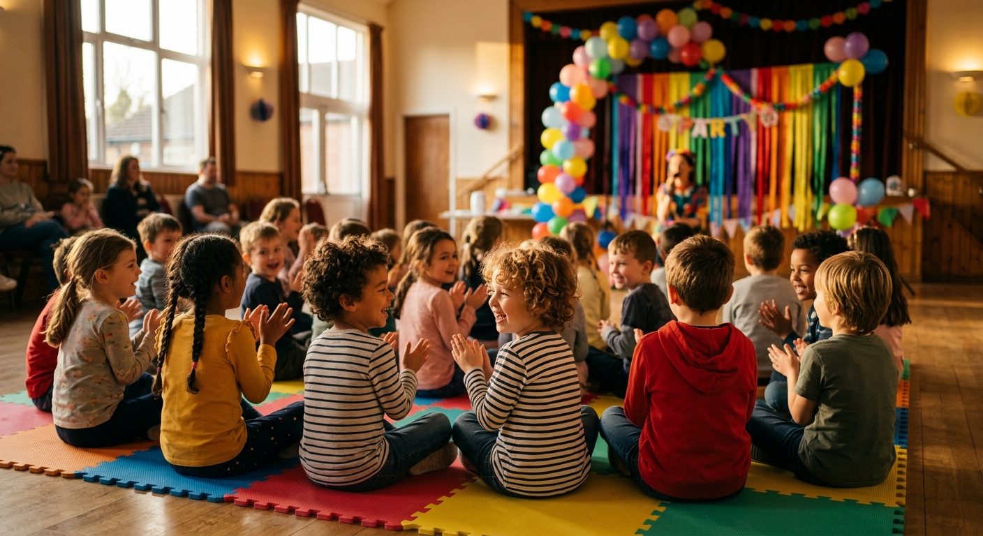 קבוצת ילדים יושבים על מזרן פעילות צבעוני ומוחאים כפיים בהתלהבות במהלך מסיבת יום הולדת עם מפעיל וקישוטי בלונים ברקע