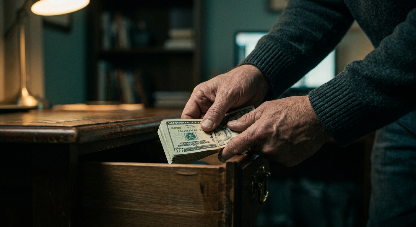 ידיים של אדם מבוגר מכניסות ערימת שטרות דולרים במזומן, הקשורה בגומייה, לתוך מגירת שולחן עץ
