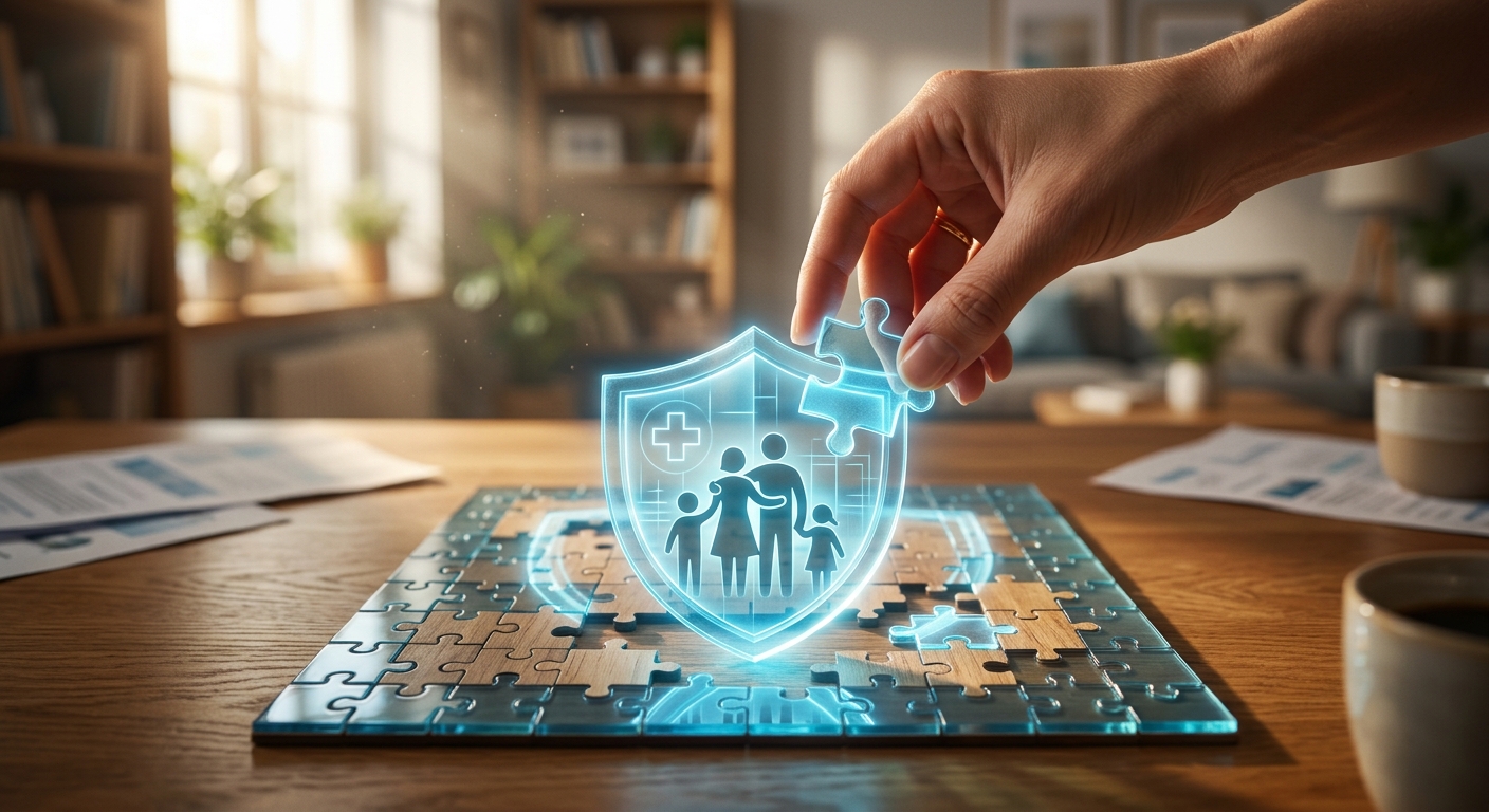 יד מניחה חלק בפאזל המשלים הולוגרמה כחולה של מגן ובתוכו צלליות של משפחה וסמל רפואה, המייצג ביטוח בריאות והגנה על המשפחה
