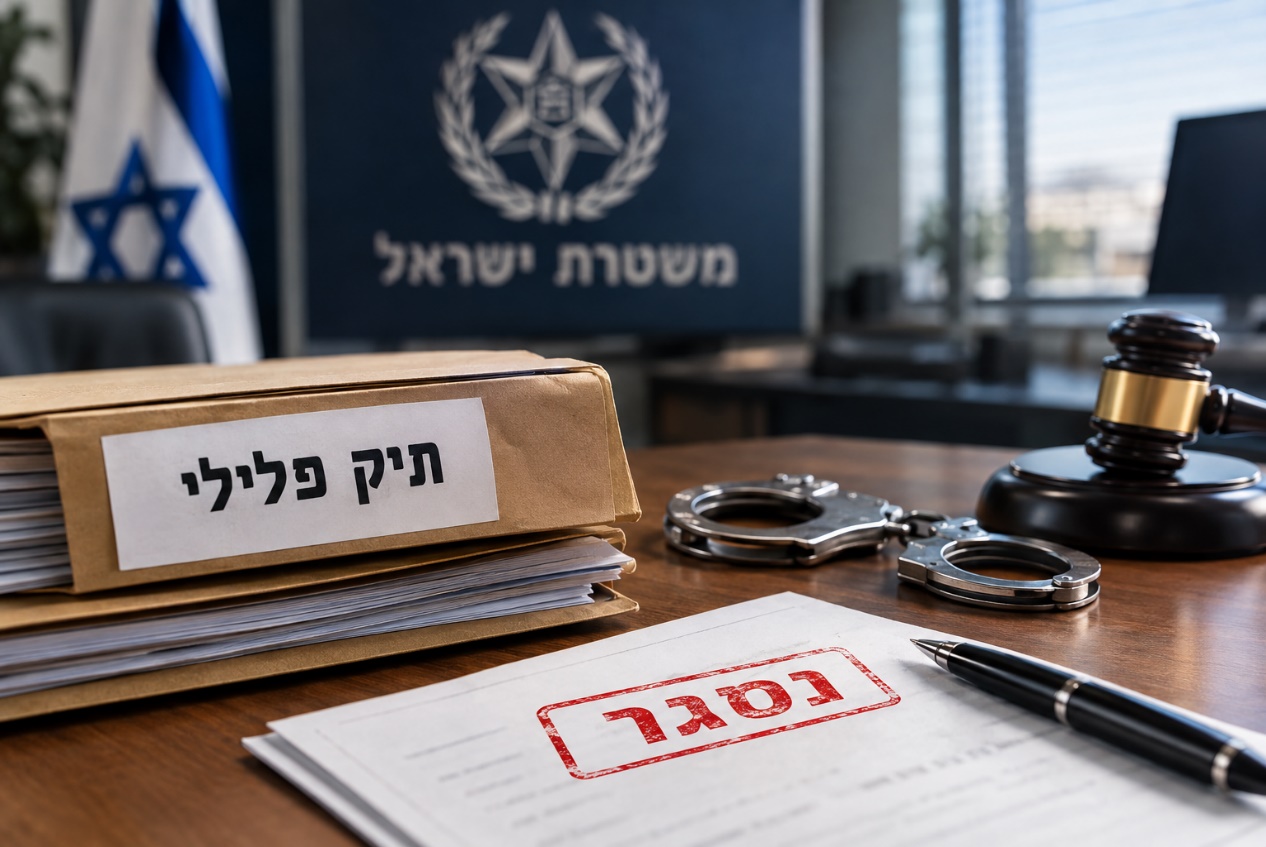 תיק פלילי עם חותמת "נסגר" על מסמך, אזיקים ופטיש שופט על שולחן