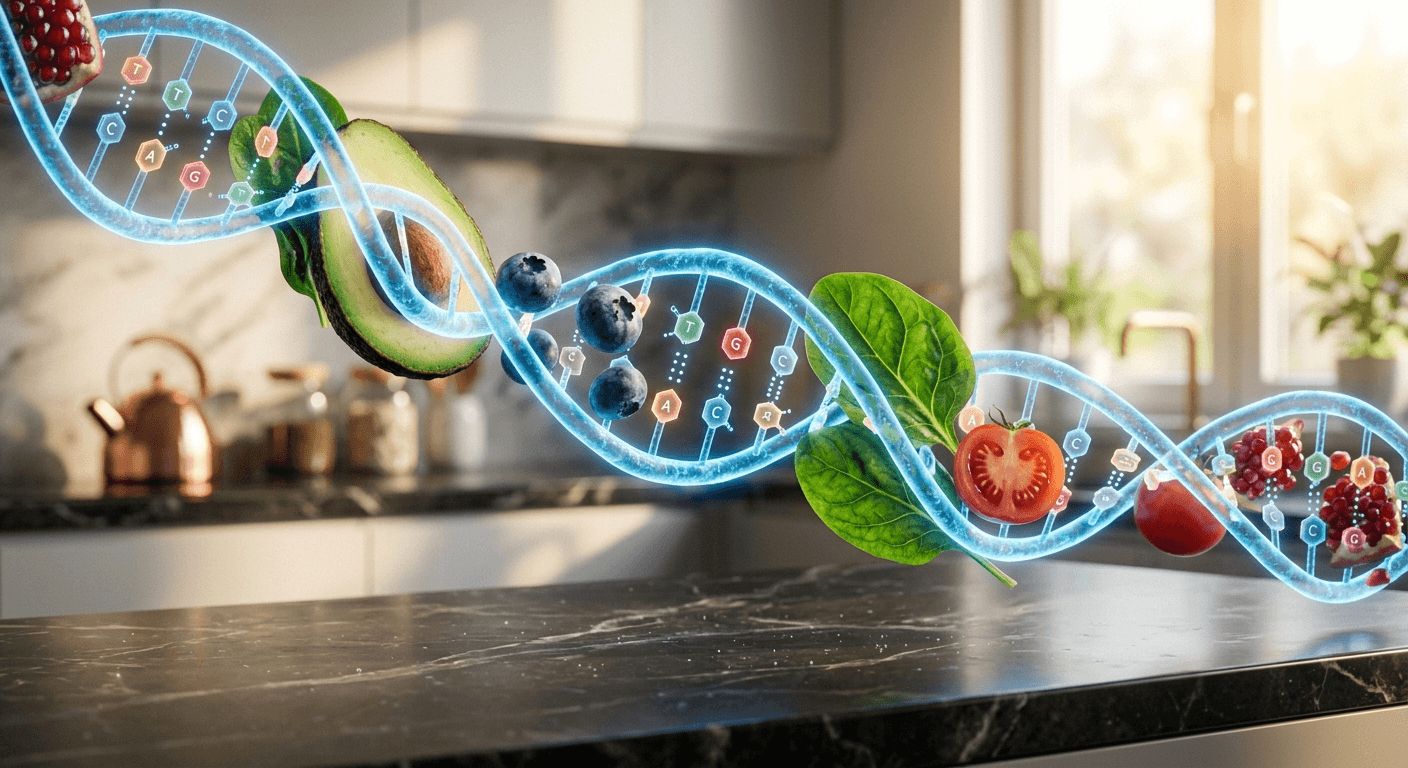 אילוסטרציה של סליל DNA משולב עם פירות וירקות טריים כמו אבוקדו, עגבנייה ואוכמניות מרחף במטבח מודרני, המייצג תזונה מותאמת אישית על בסיס גנטיקה