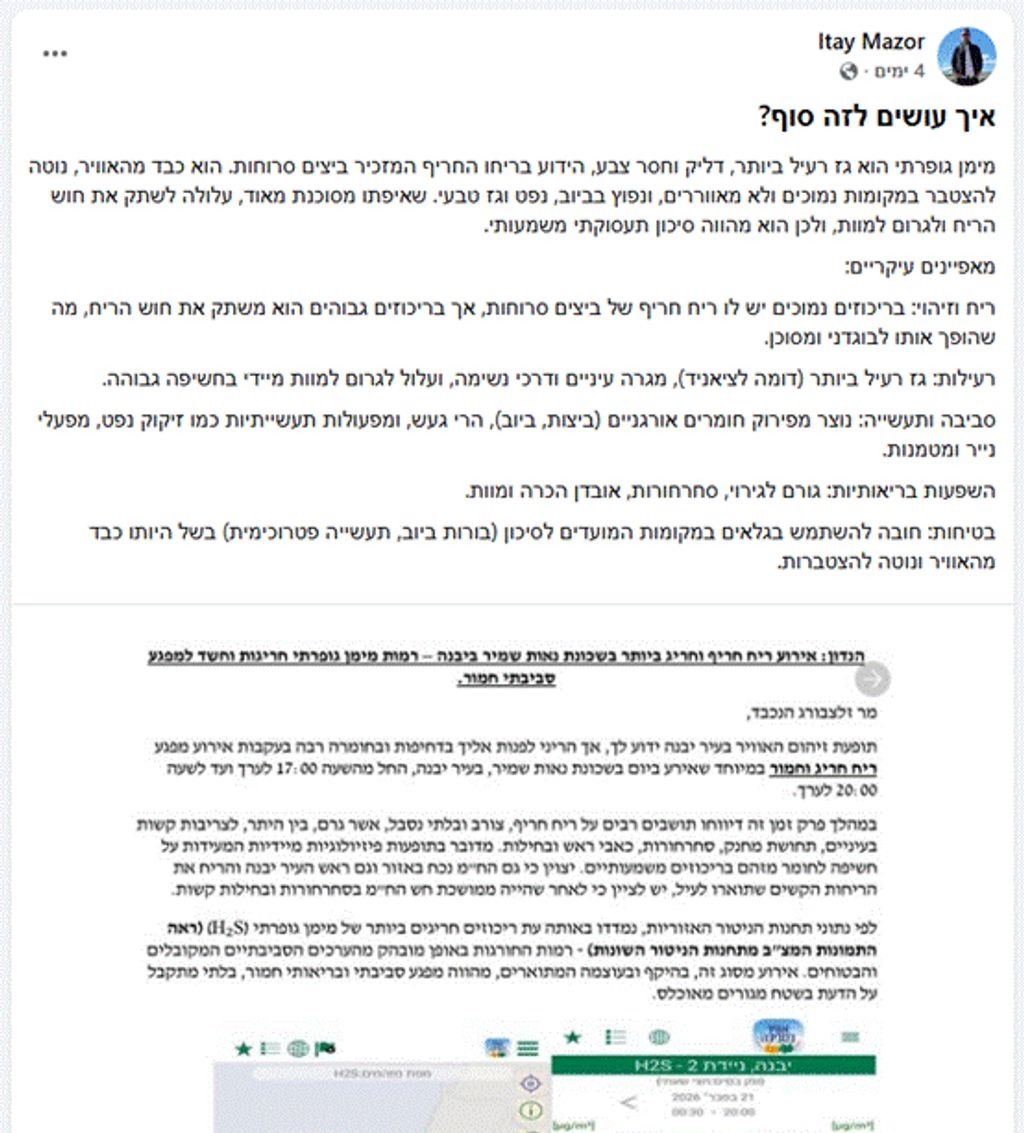 מתוך פוסט בפייסבוק, בקבוצת "יבנה העיר שלי – הותיקה ועד הירוקה" - זיהום אוויר ביבנה