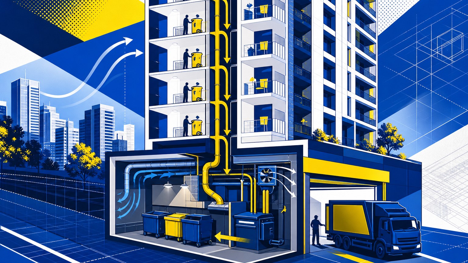 איור של חדר אשפה מתוכנן במגדל מגורים מודרני עם מערכת פינוי ואוורור