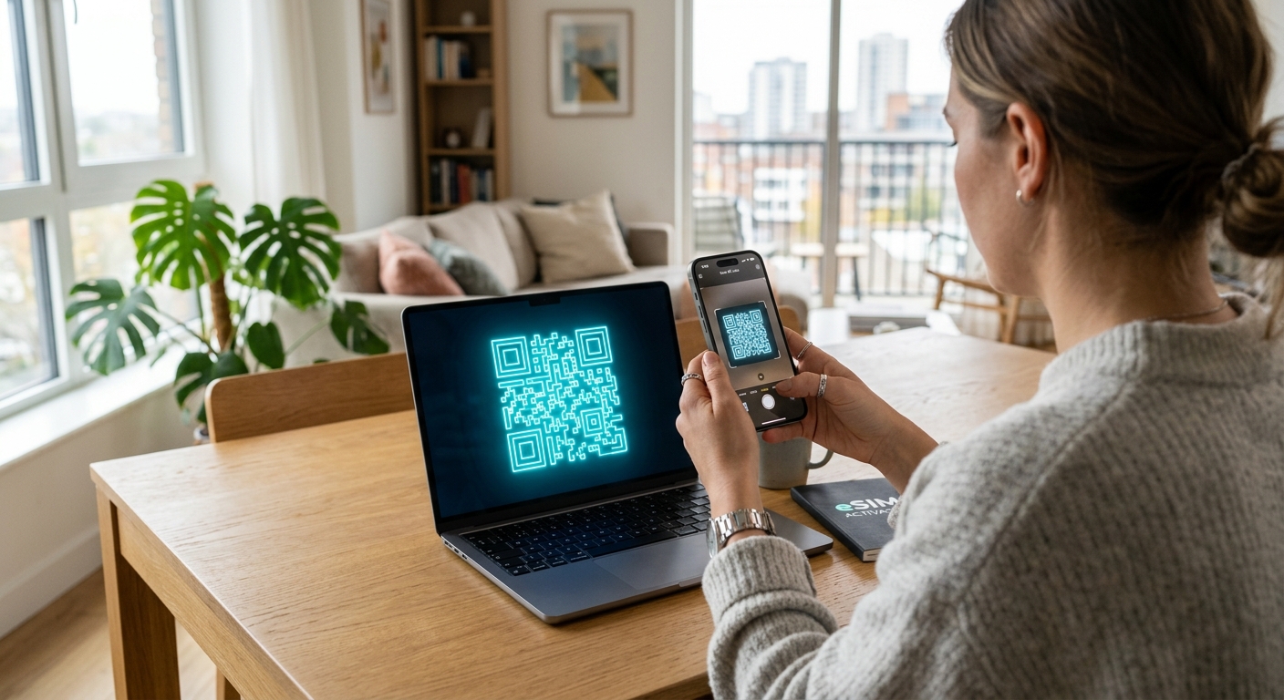 אישה סורקת קוד QR ממסך מחשב נייד באמצעות סמארטפון להפעלת כרטיס eSIM