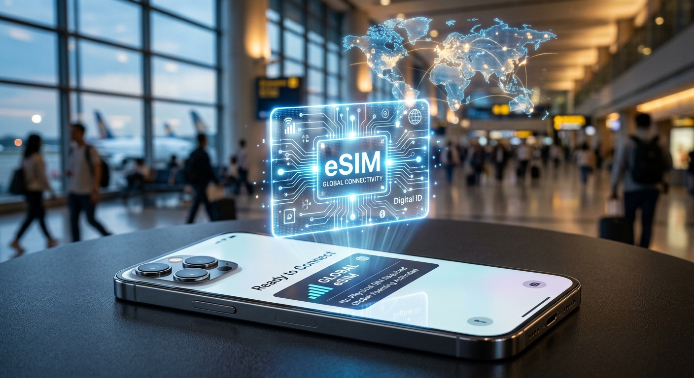 טלפון חכם מציג טכנולוגיית eSIM הולוגרפית עם מפת עולם מוארת על רקע נוסעים בשדה תעופה, המייצג קישוריות אינטרנט גלובלית לטסים לחו"ל