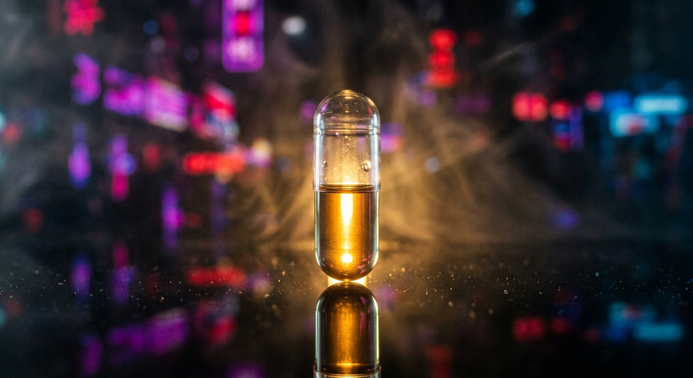 קפסולה שקופה המכילה נוזל שמן זהוב ניצבת על משטח משתקף, על רקע חשוך עם אורות ניאון מטושטשים ועשן.