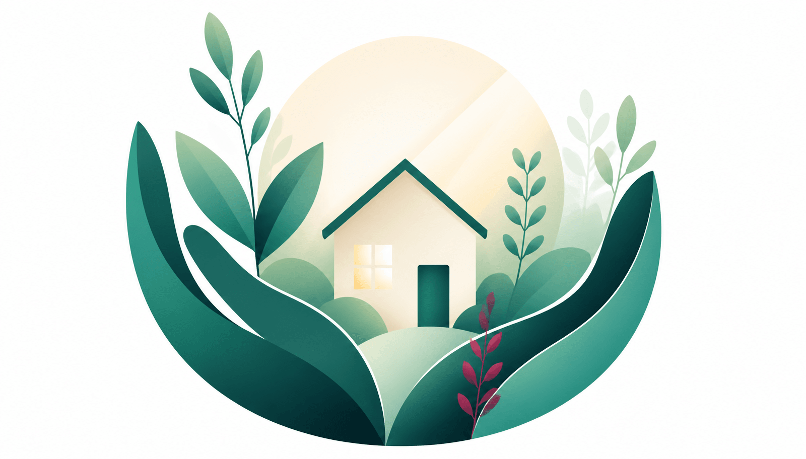איור של בית קטן מוקף בעלווה וידיים מגוננות מופשטות, בהקשר של דיור מוגן וטיפול מסור
