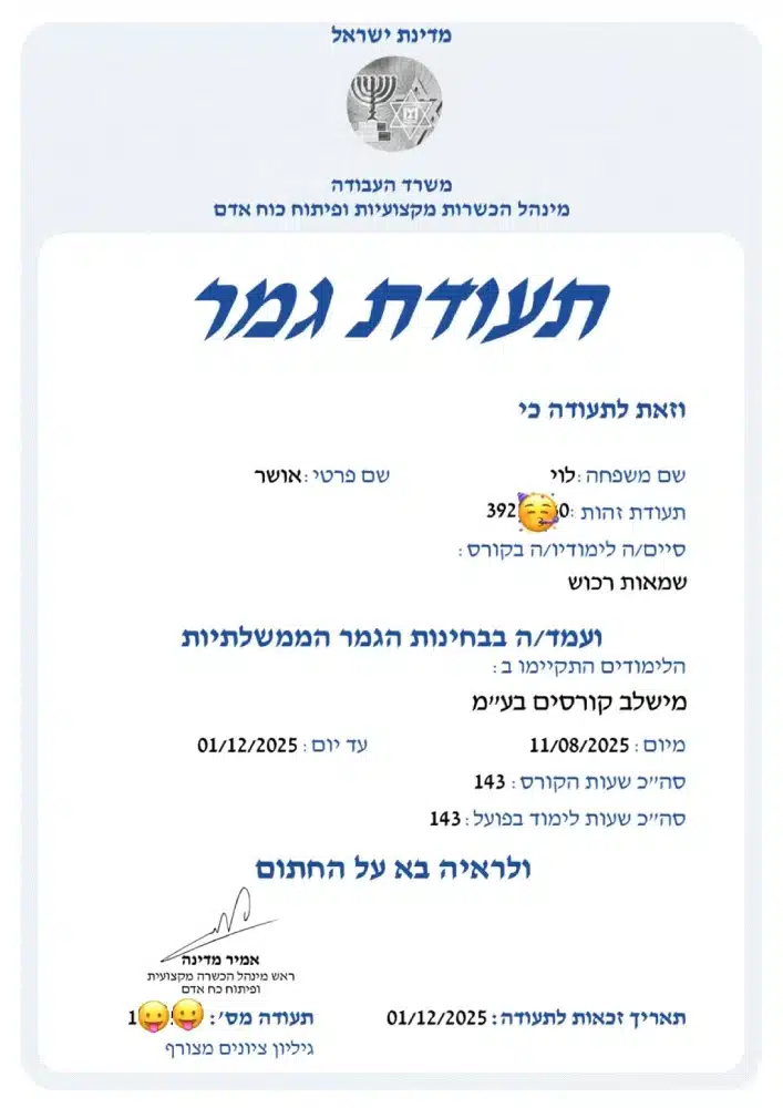 תעודת הסמכה של אושר לוי לאיתור נזילות