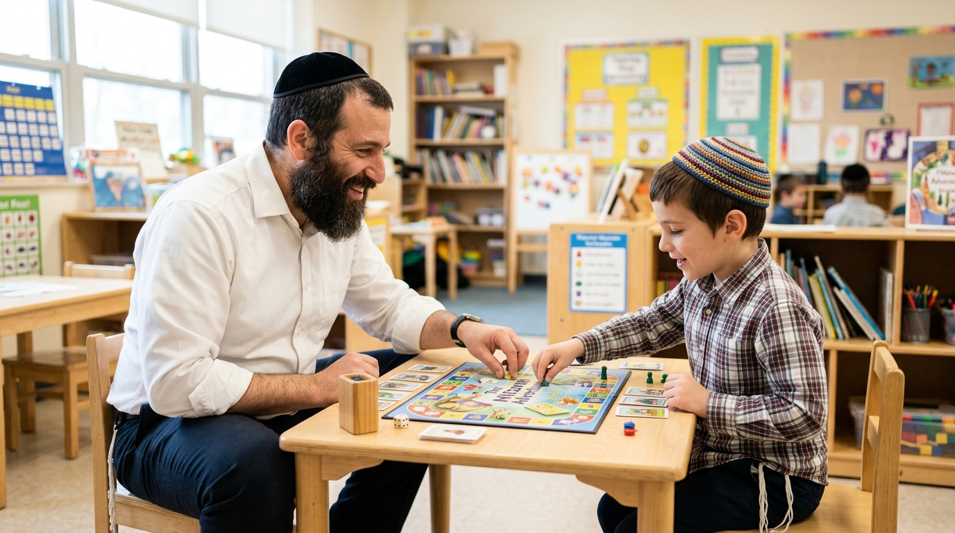 מורה ותלמיד חובשי כיפה יושבים סביב שולחן ומשחקים יחד במשחק קופסה חינוכי בתוך כיתת לימוד מוארת