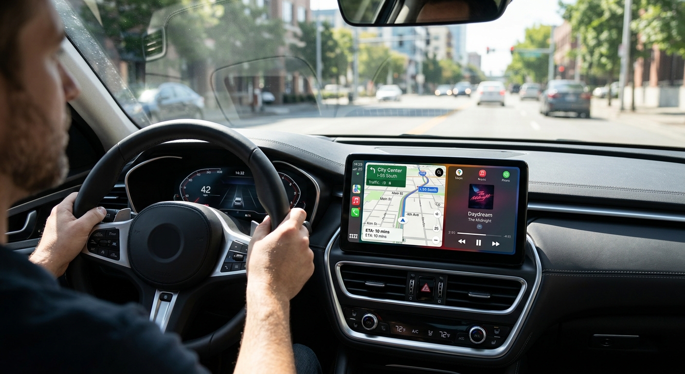 נהג ברכב משתמש במערכת Apple CarPlay במסך המולטימדיה המרכזי לניווט והאזנה למוזיקה