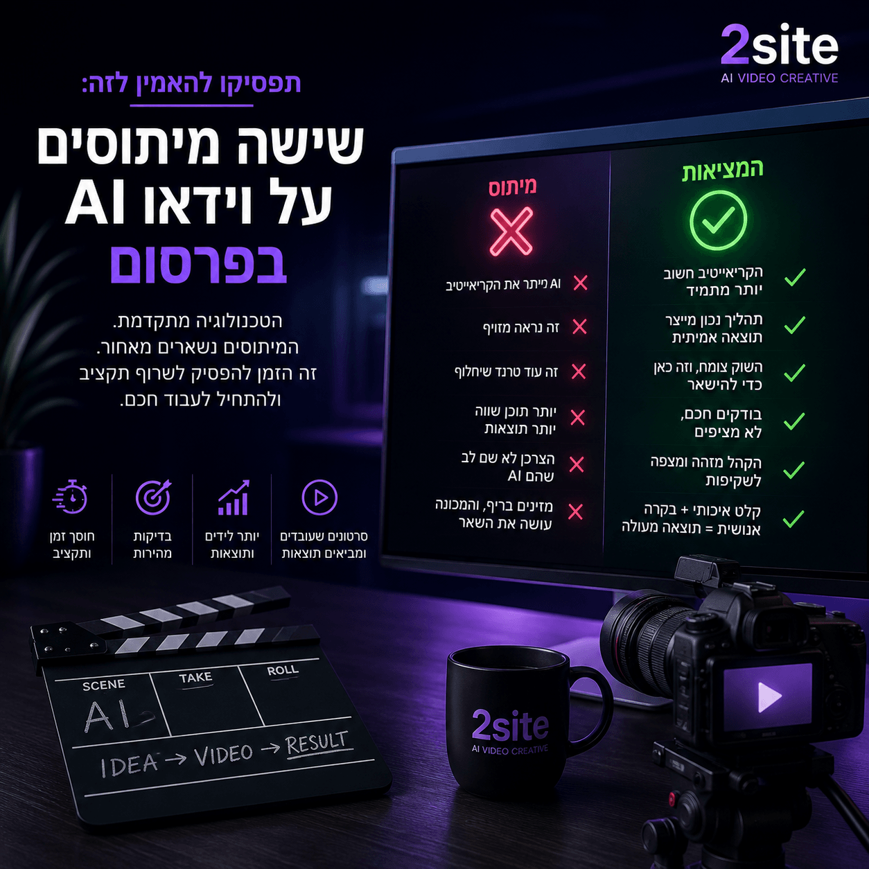 אינפוגרפיקה: שישה מיתוסים על וידאו AI בפרסום מול המציאות - מיתוס לעומת מציאות