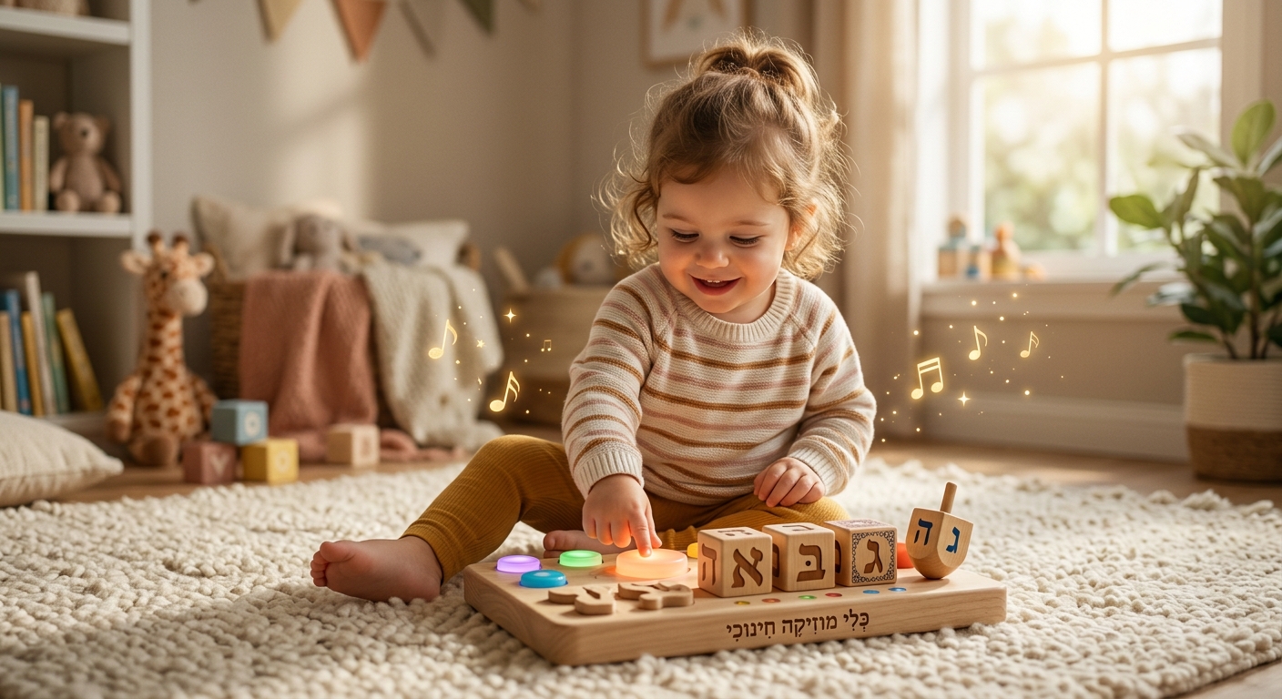 פעוטה משחקת בצעצוע עץ חינוכי ומוזיקלי עם קוביות של אותיות הא'-ב' בעברית וכפתורים מוארים בחדר ילדים
