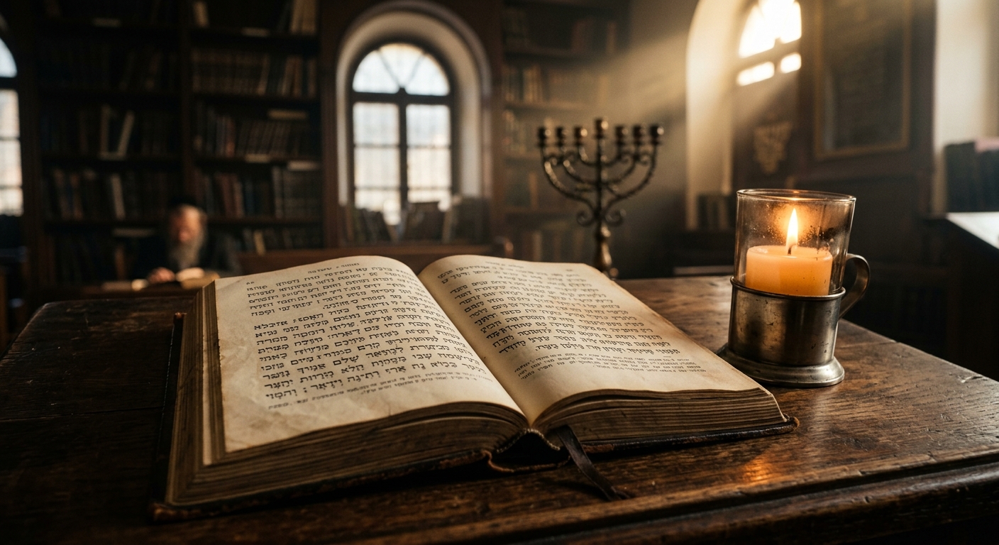 ספר קודש פתוח בכתב עברי על שולחן עץ לצד נר דולק בבית מדרש, ברקע אדם לומד ומנורה גדולה.