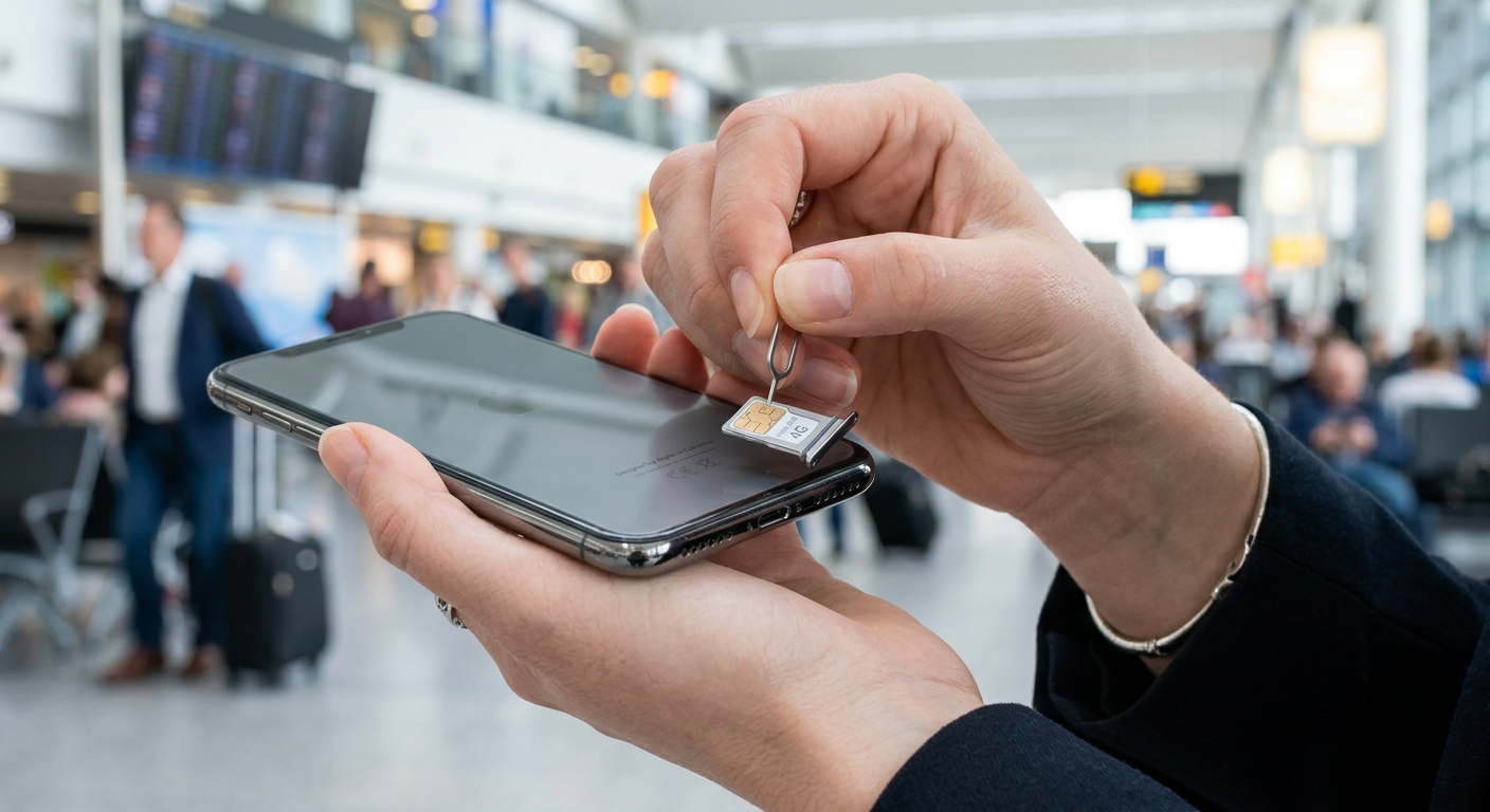 נוסע מחליף כרטיס סים (SIM) בסמארטפון באמצעות סיכה ייעודית על רקע אולם הנוסעים בשדה התעופה