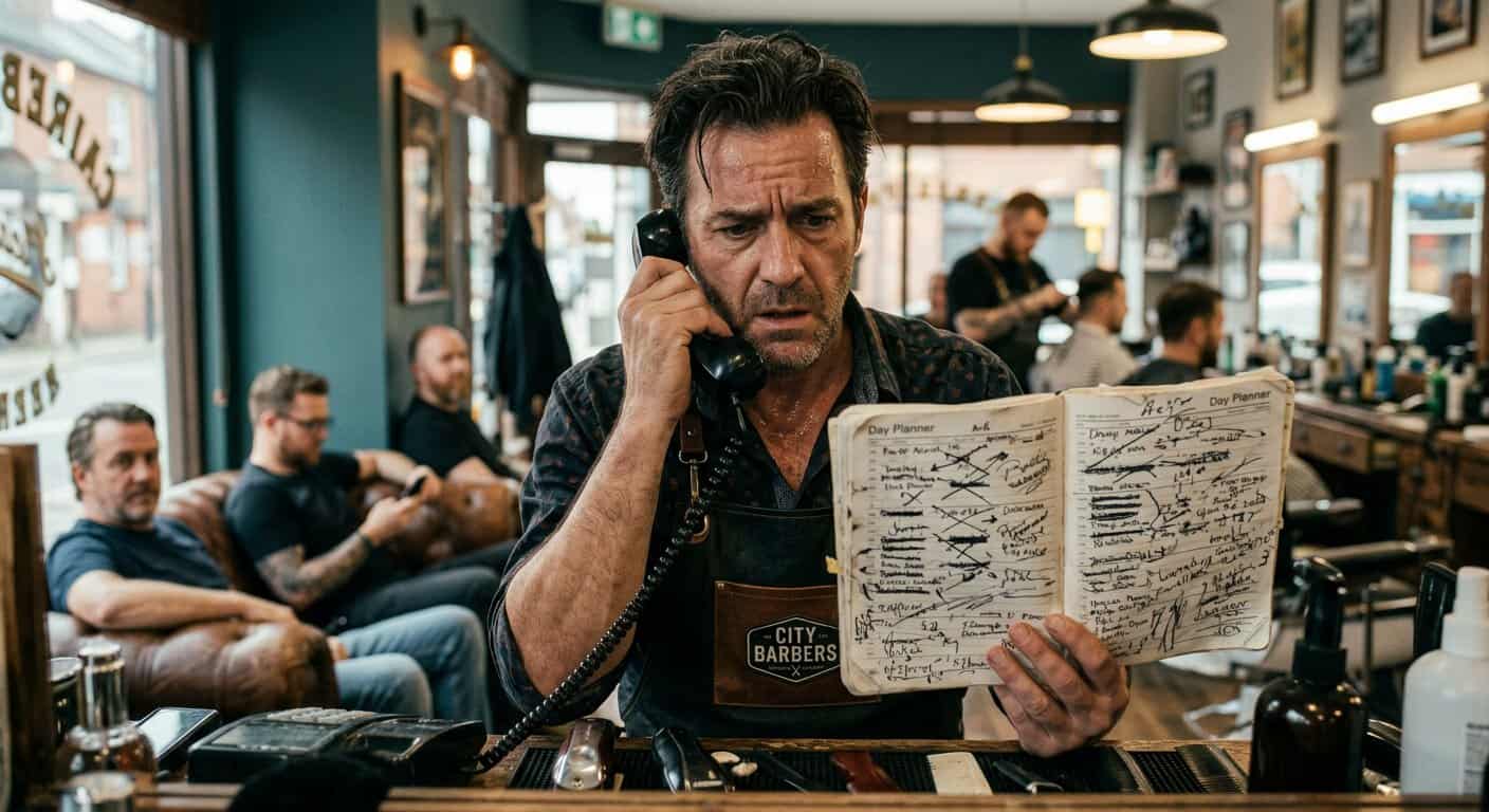 ספר לחוץ בסינר מדבר בטלפון תוך כדי שהוא מסתכל על יומן תורים מבולגן ומקושקש במספרה עמוסה.