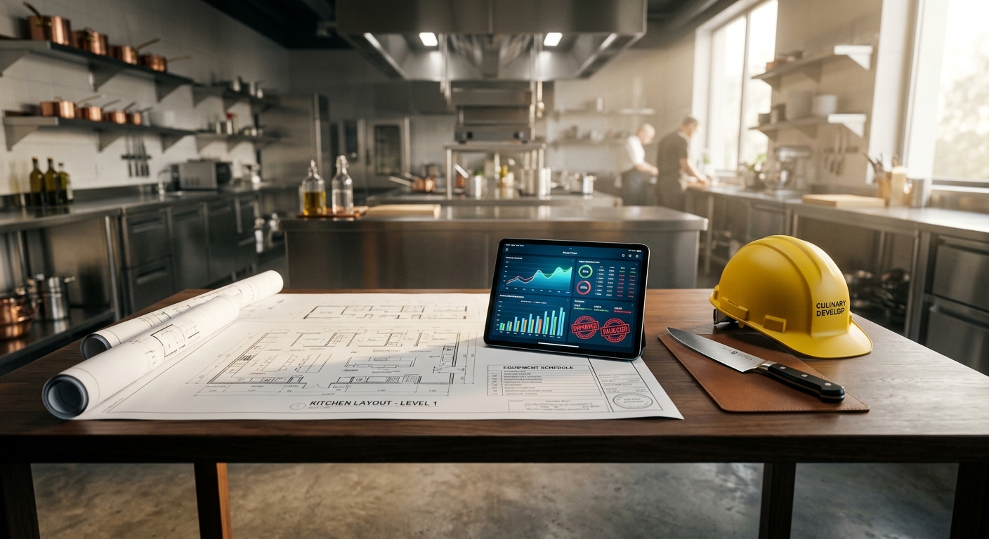 שרטוטים אדריכליים של תכנון מטבח תעשייתי, טאבלט עם נתונים, קסדת בטיחות צהובה וסכין שף על שולחן, על רקע מטבח מסעדה מקצועי פעיל