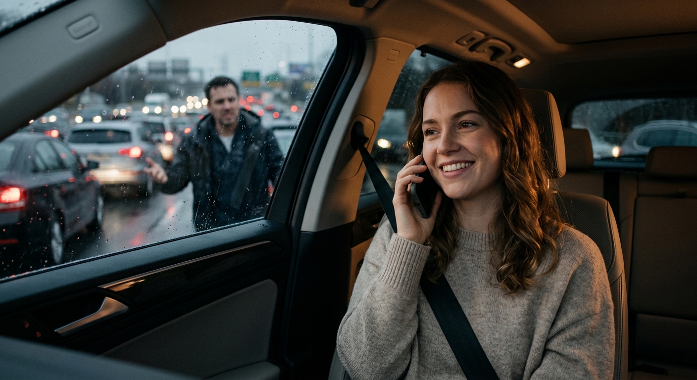 אישה צעירה יושבת ברכב, מחייכת ומדברת בטלפון נייד, בעוד מבעד לחלון הרטוב מגשם נראה גבר מתוסכל וכועס העומד על הכביש.