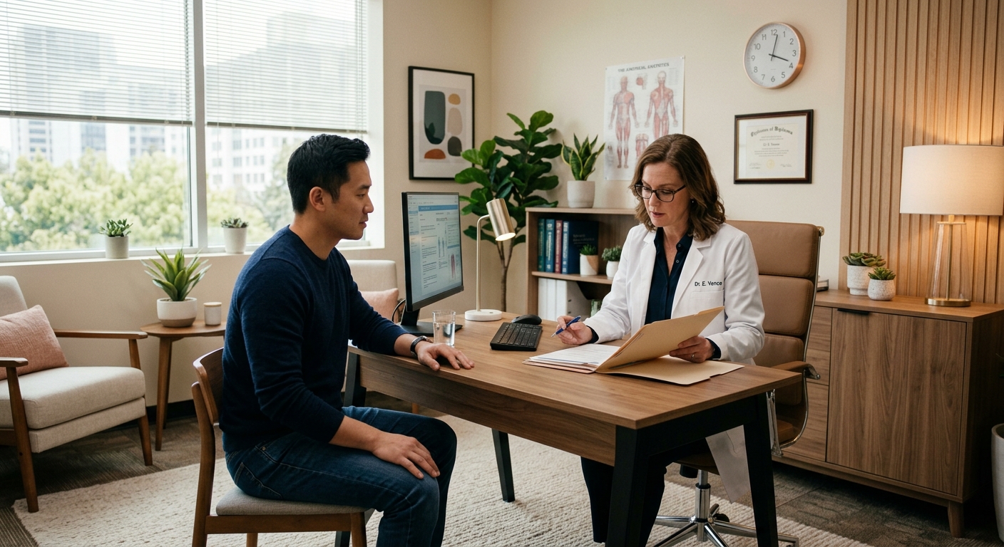 רופאה בחלוק לבן יושבת במשרדה ומשוחחת עם מטופל תוך כדי עיון בתיק רפואי במהלך פגישת ייעוץ.